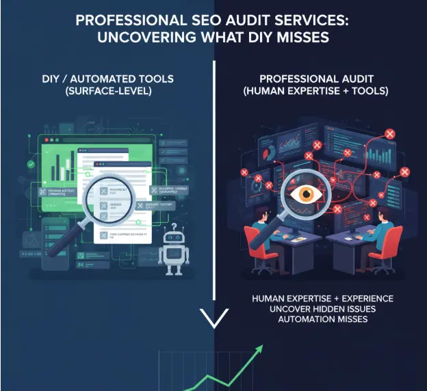 Infographic comparing DIY SEO tools with professional audits, highlighting human expertise and deeper issue detection.