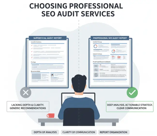 "Infographic comparing superficial vs professional SEO audit reports based on depth, clarity, and organization.