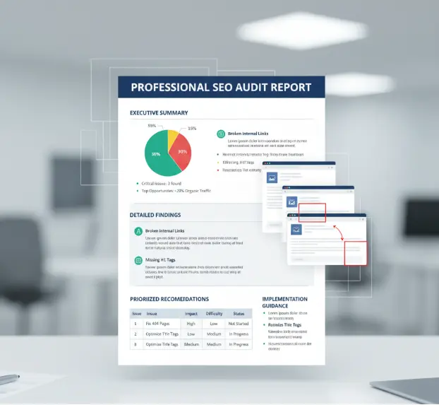 Professional SEO audit report showing issue breakdown, prioritized recommendations, and implementation guidance.