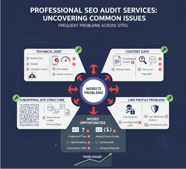 "Infographic showing common SEO issues across websites including technical debt, content gaps, and link problems.
