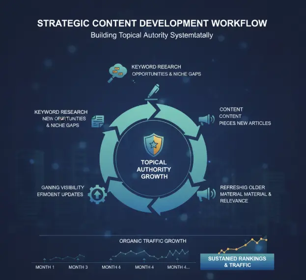 Strategic content development workflow diagram showing cyclical process for building topical authority and organic traffic.