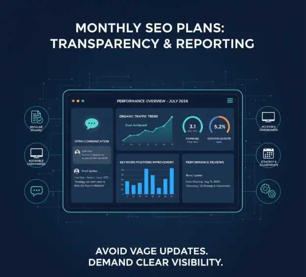 Monthly SEO dashboard showing July 2024 performance metrics, keyword improvements, and client feedback.