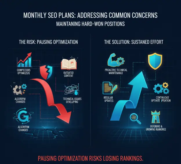 Visual comparison of SEO strategies: risks of pausing optimization vs benefits of sustained effort.