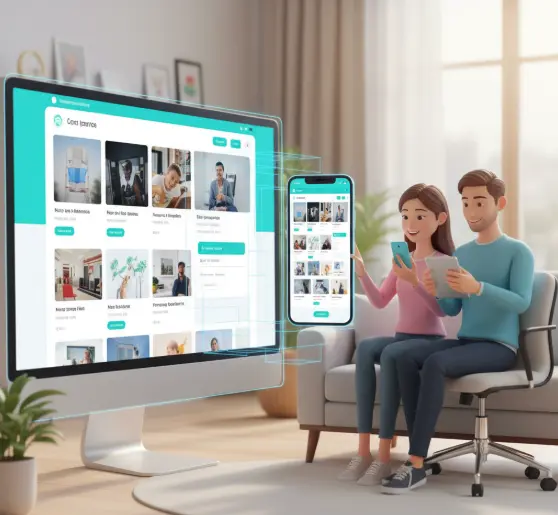 Couple browsing a responsive website on desktop and mobile, illustrating technical SEO services for website performance and mobile optimization.