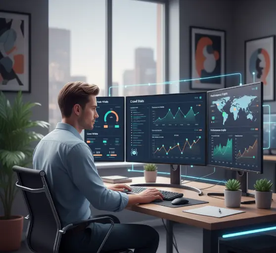 SEO specialist analyzing website performance metrics and analytics dashboards, representing technical SEO services for improved website performance.