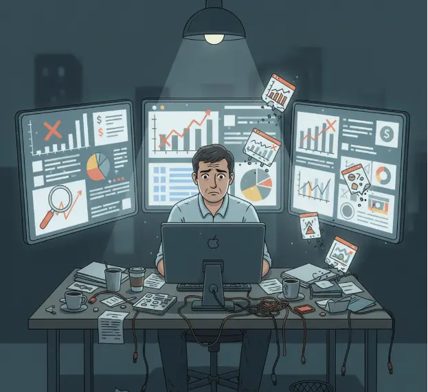Stressed data analyst overwhelmed by analytics dashboards and reports across multiple screens in a cluttered office.