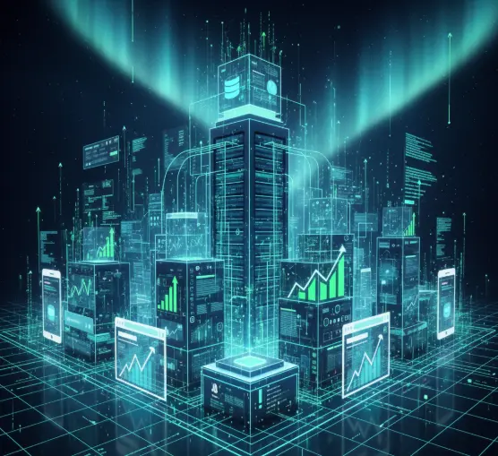 Concept art of advanced digital infrastructure symbolizing technical SEO services for website performance, featuring analytics graphs, servers, and data connectivity.