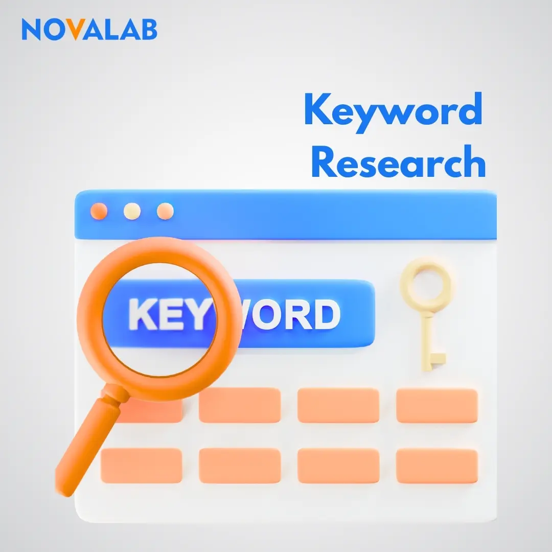 Keyword research illustration showing magnifying glass and search bar for SEO strategy optimization