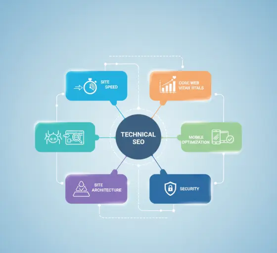 Technical SEO services for website performance infographic highlighting site speed, mobile optimization, and core web vitals.
