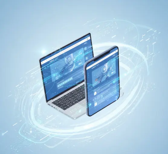 Technical SEO services for website performance and mobile optimization shown through laptop and tablet interface illustration.