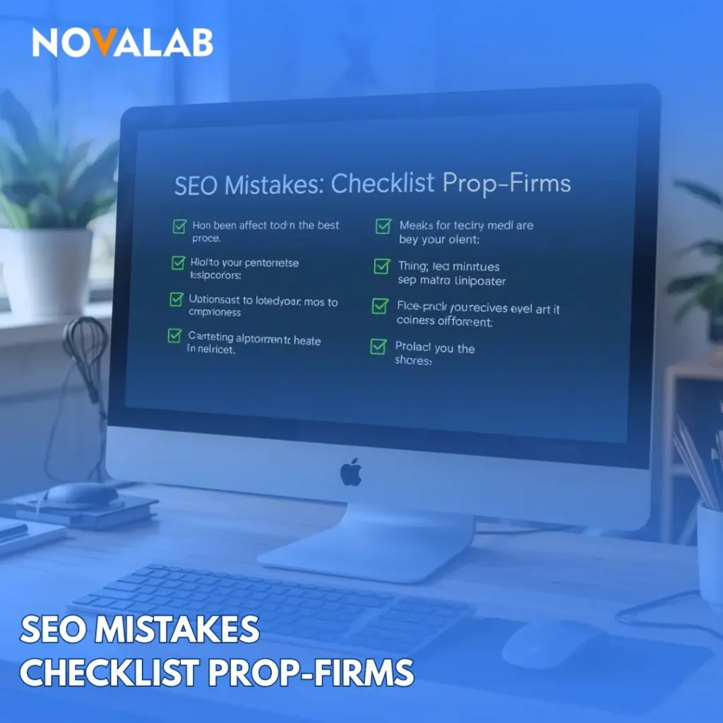 Novalab SEO mistakes checklist for proprietary trading firms displayed on an iMac