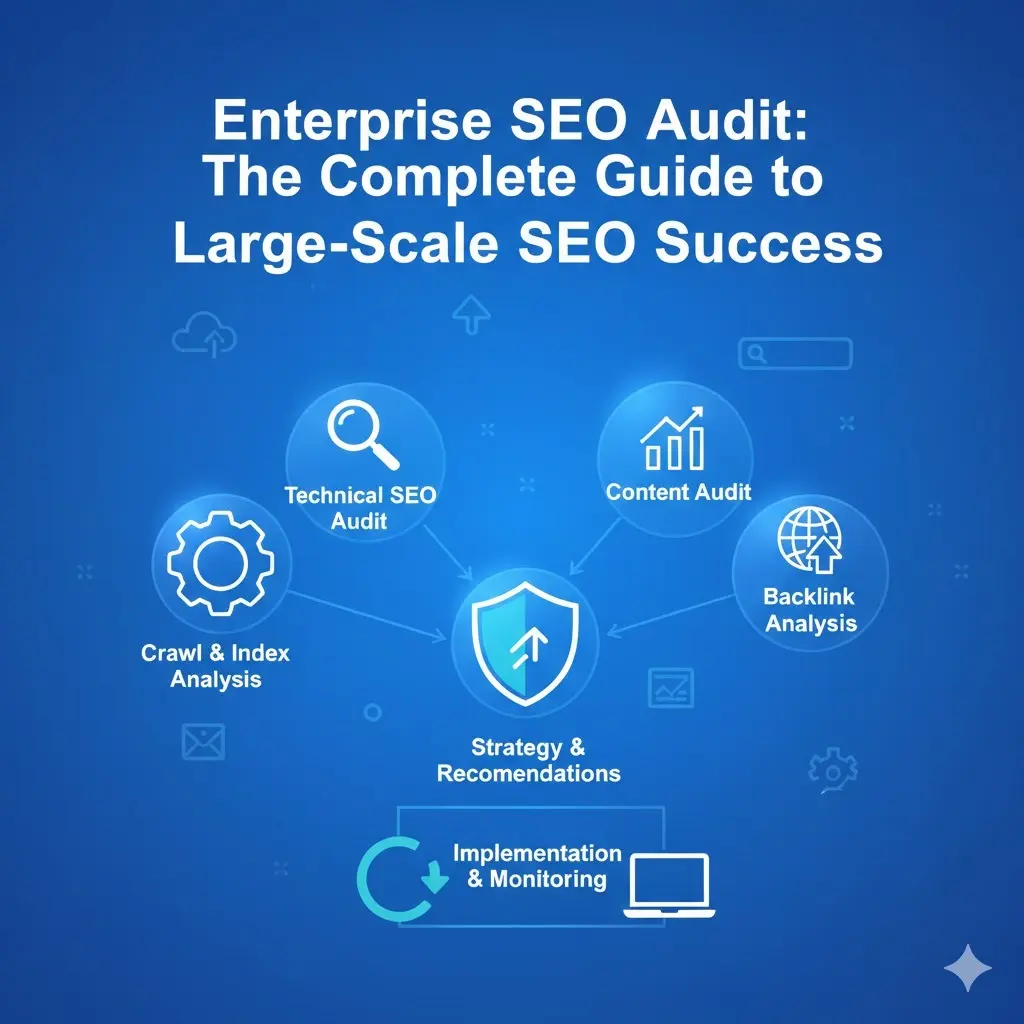 Enterprise SEO audit diagram showing technical SEO audit, crawl and index analysis, content audit, backlink analysis, strategy and recommendations, and implementation and monitoring for large-scale SEO success.
