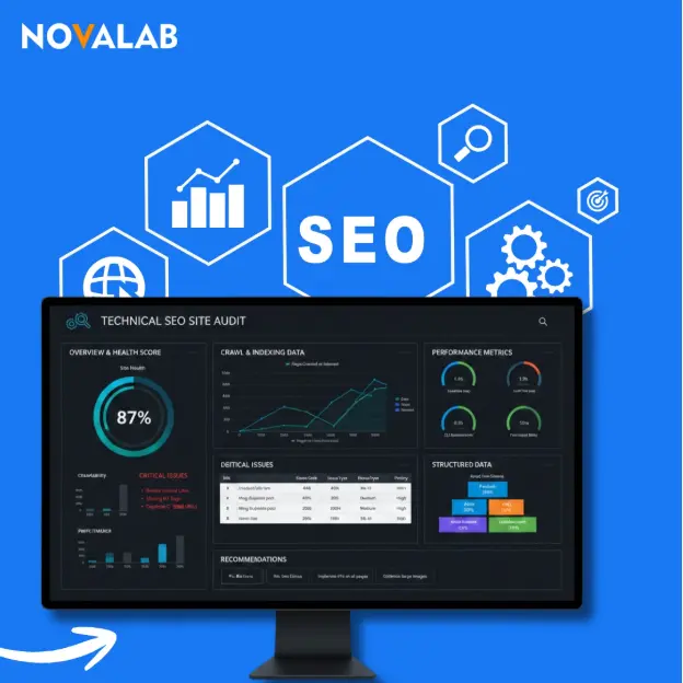NOVALAB technical SEO audit dashboard with health score, crawl data, performance metrics, and issue recommendations