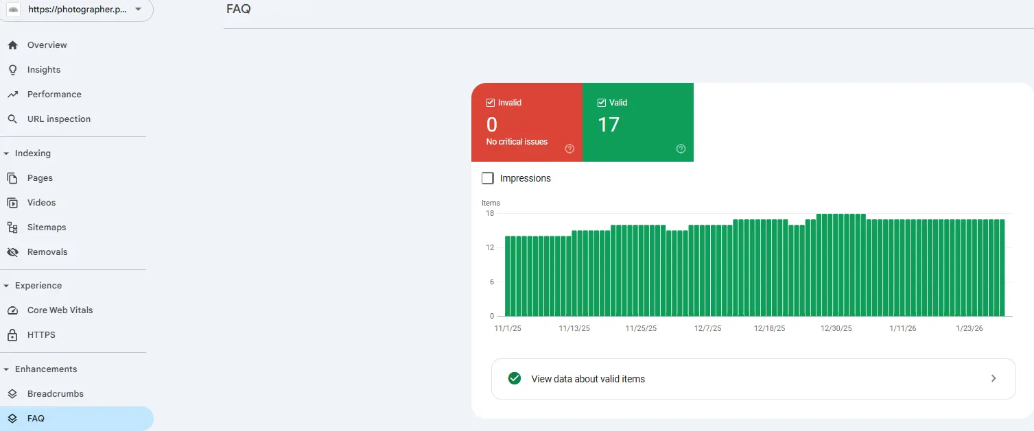 Reis Informatica structured data results showing 17 valid FAQ items for Photographer Paris