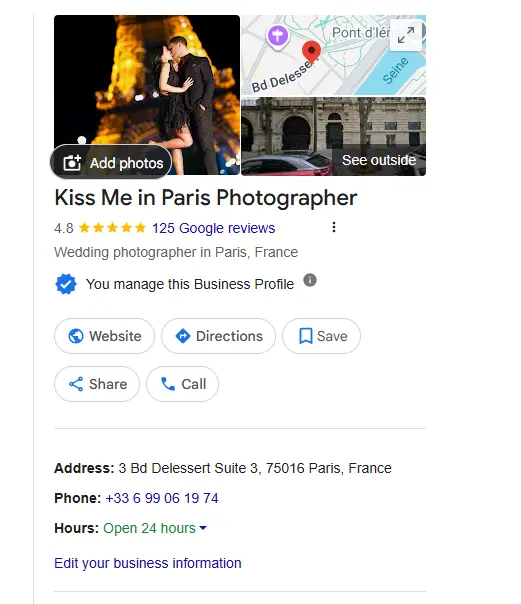 Reis Informatica Google Business Profile optimization results for Photographer Paris