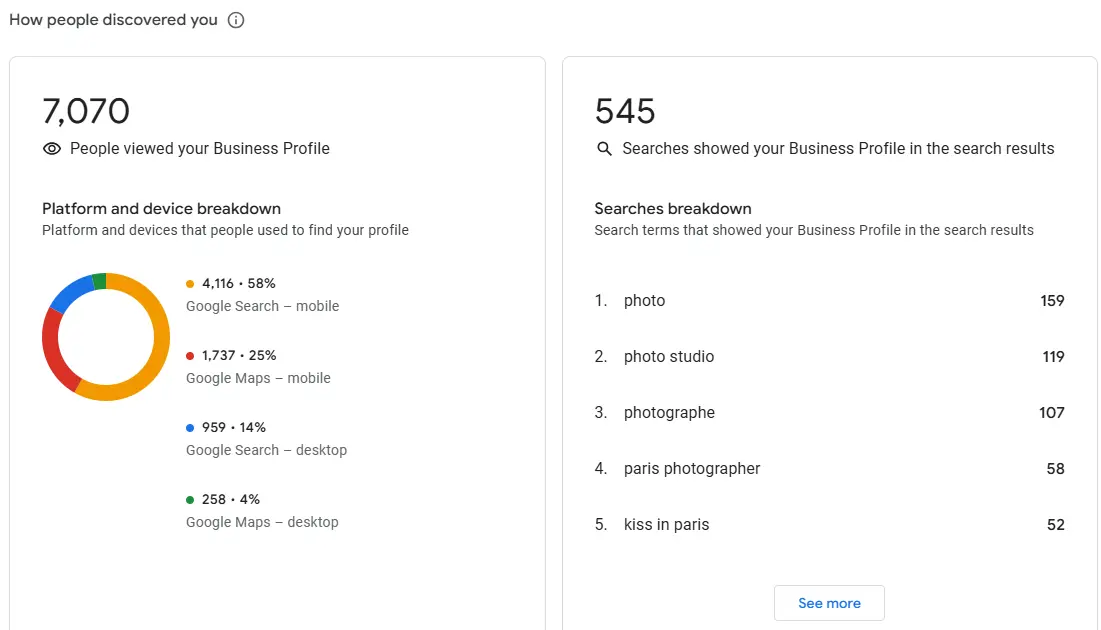 Reis Informatica Google Business Profile keyword visibility and discovery results for Photographer Paris