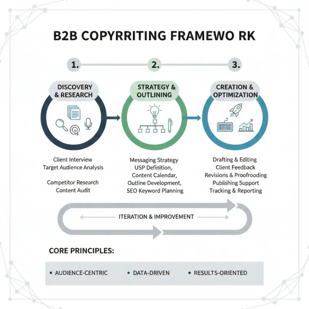 B2B copywriting framework infographic showing discovery, strategy, and optimization process by NovaLab SEO Agency