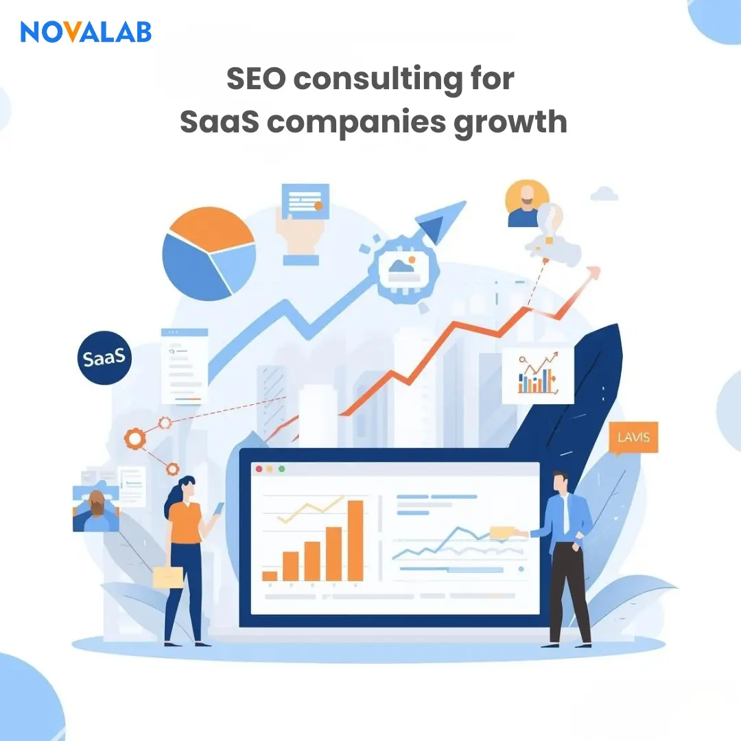 SEO consulting for SaaS companies growth illustration with analytics dashboard, upward trend charts, and business team collaboration by NovaLab.