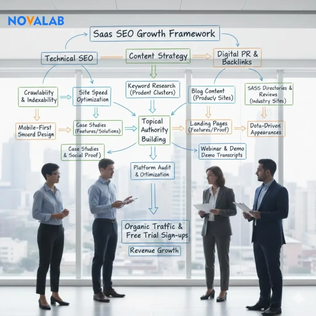 SaaS SEO growth framework diagram with technical SEO, content strategy, and digital PR leading to organic traffic and revenue growth – NovaLab