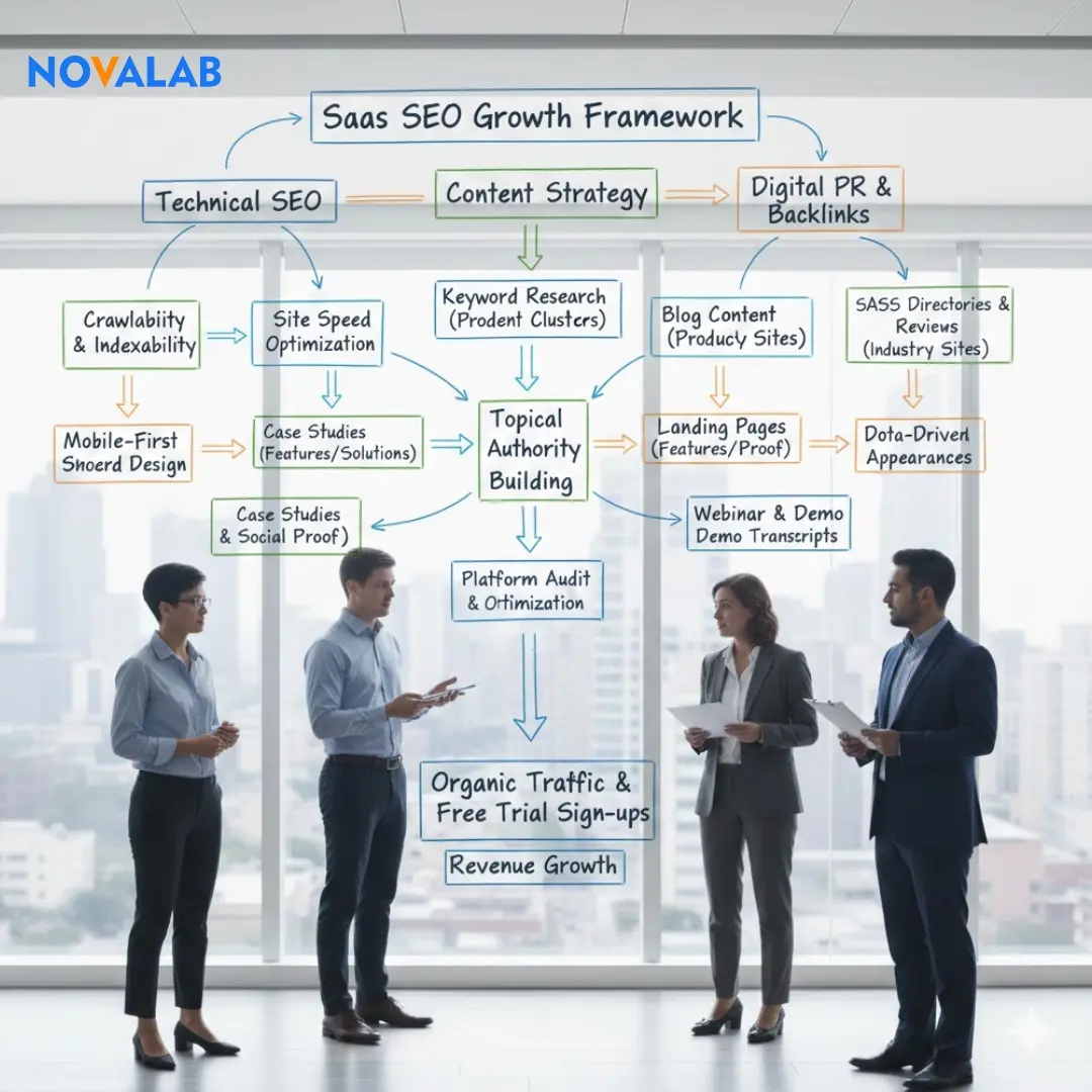 SaaS SEO growth framework diagram with technical SEO, content strategy, and digital PR leading to organic traffic and revenue growth – NovaLab