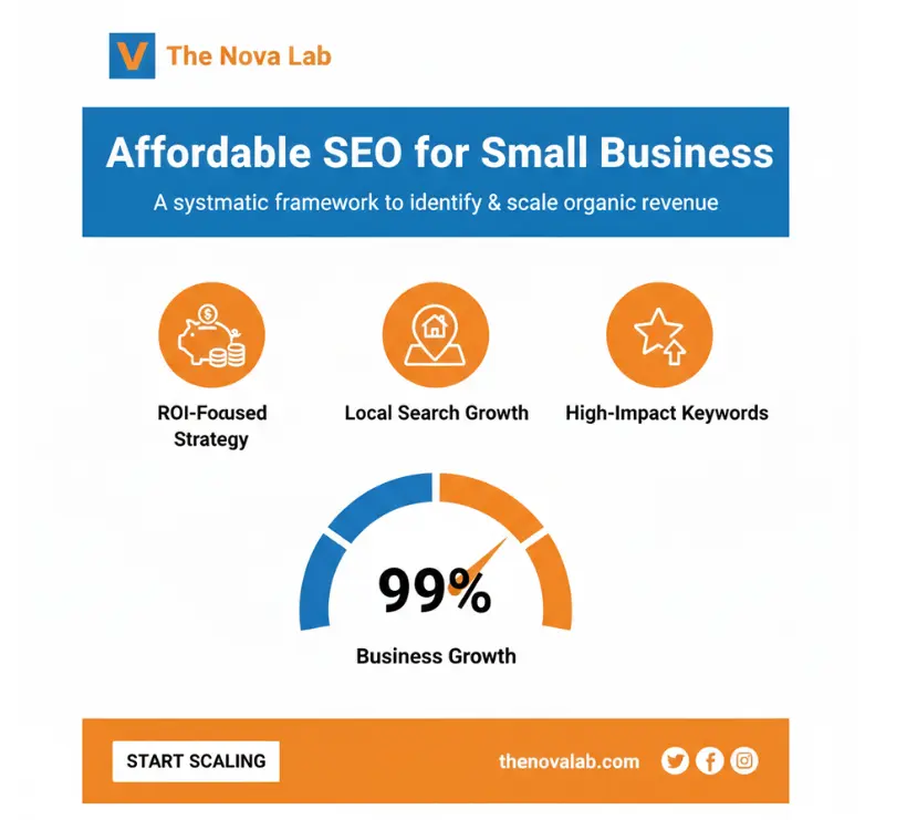 The Nova Lab “Affordable SEO for Small Business” infographic highlighting ROI-focused strategy, local search growth, high-impact keywords, and a 99% business growth score, with a “Start Scaling” call-to-action.