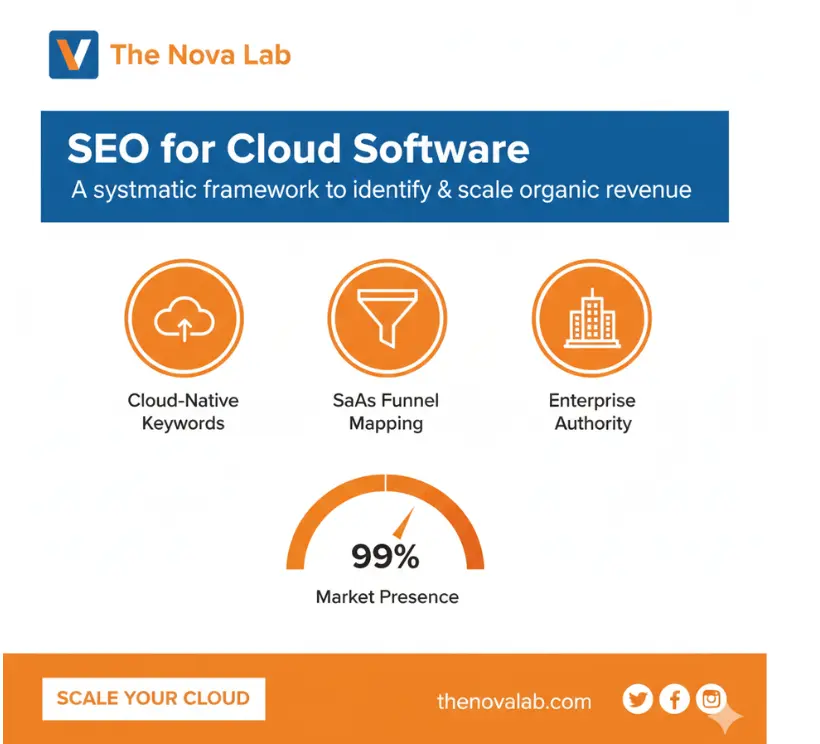 Novalab SEO for cloud software graphic highlighting cloud-native keywords, SaaS funnel mapping, and enterprise authority to scale organic revenue