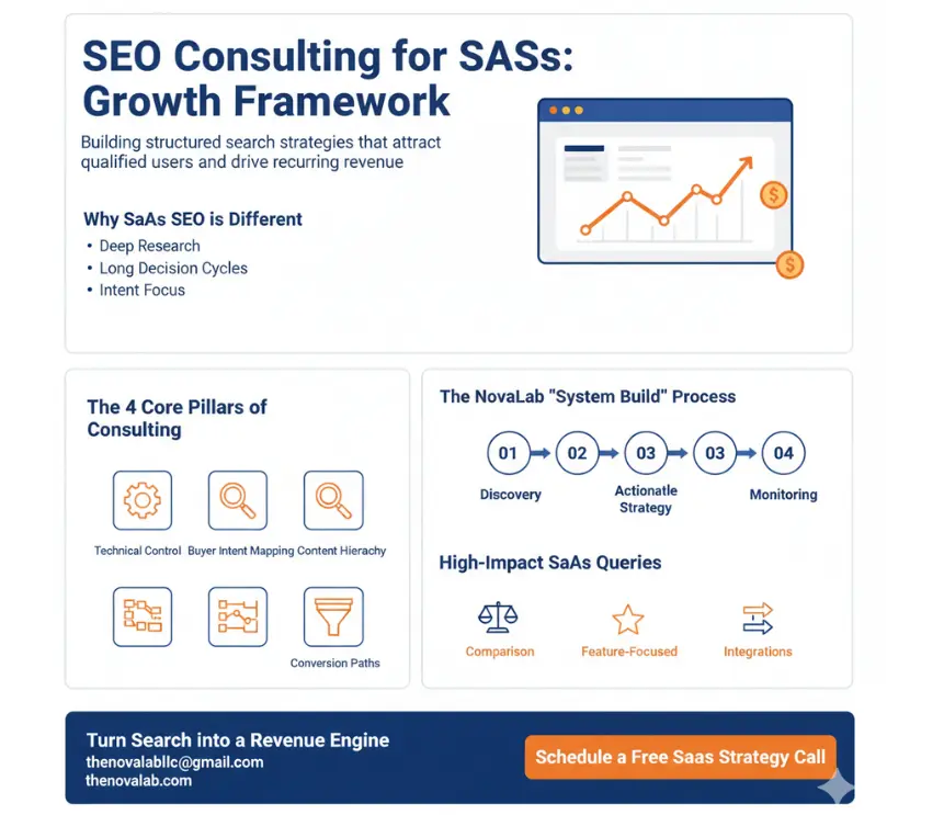NovaLab SaaS SEO growth framework infographic for attracting qualified users and increasing recurring revenue