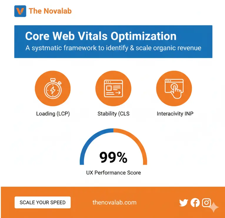 Novalab Core Web Vitals Optimization framework improving LCP, CLS, and INP with 99% UX performance score.