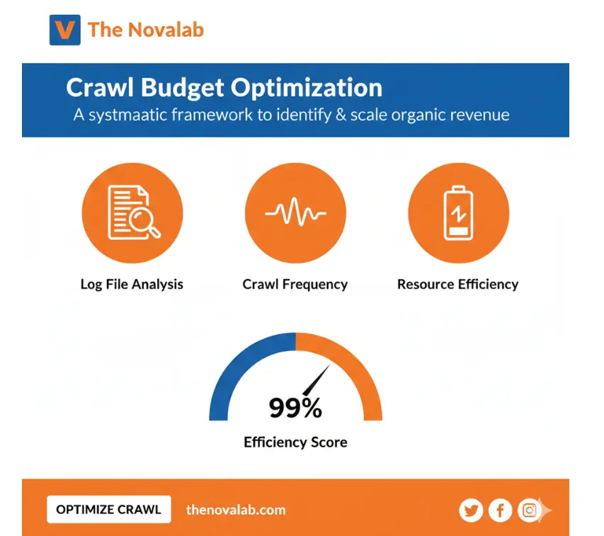 The Novalab “Crawl Budget Optimization” infographic highlighting log file analysis, crawl frequency, resource efficiency, and a 99% efficiency score, with an “Optimize Crawl” call-to-action.