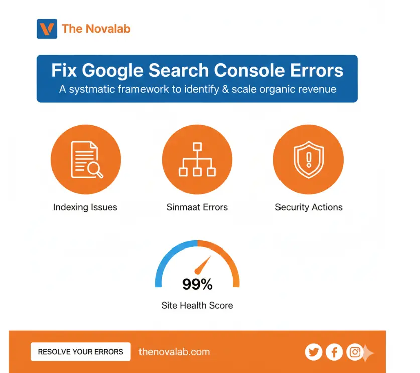 The Novalab “Fix Google Search Console Errors” infographic highlighting indexing issues, sitemap errors, security actions, and a 99% site health score, with a “Resolve Your Errors” call-to-action.