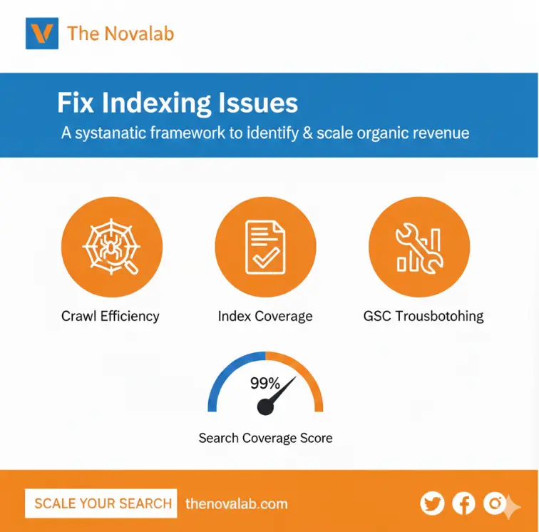 Novalab fix indexing issues service improving crawl efficiency, index coverage, and Google Search Console troubleshooting with 99% search coverage score.