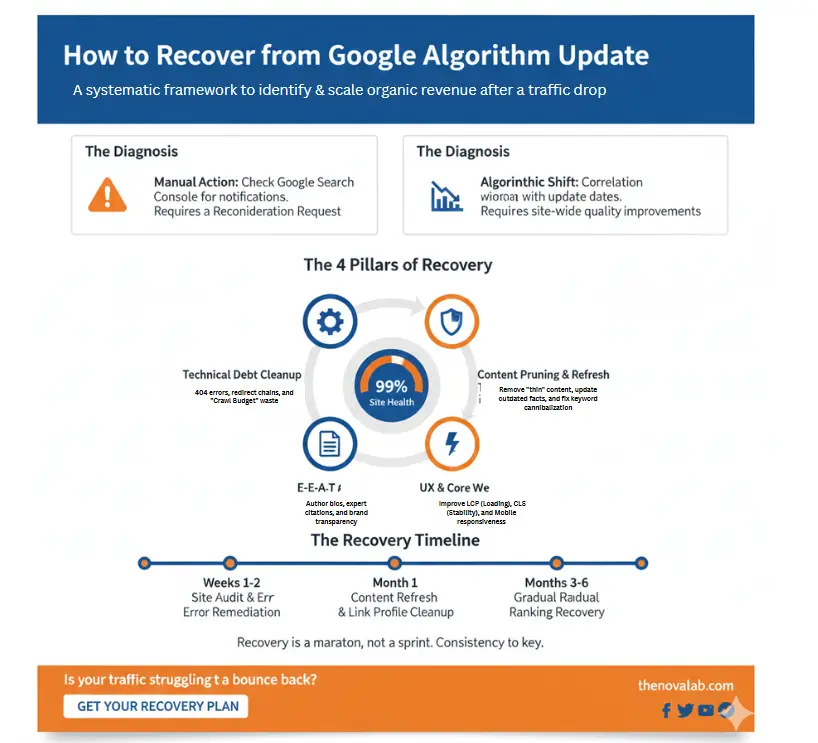 Google algorithm recovery framework infographic by NovaLab for restoring traffic, rankings, and organic revenue.