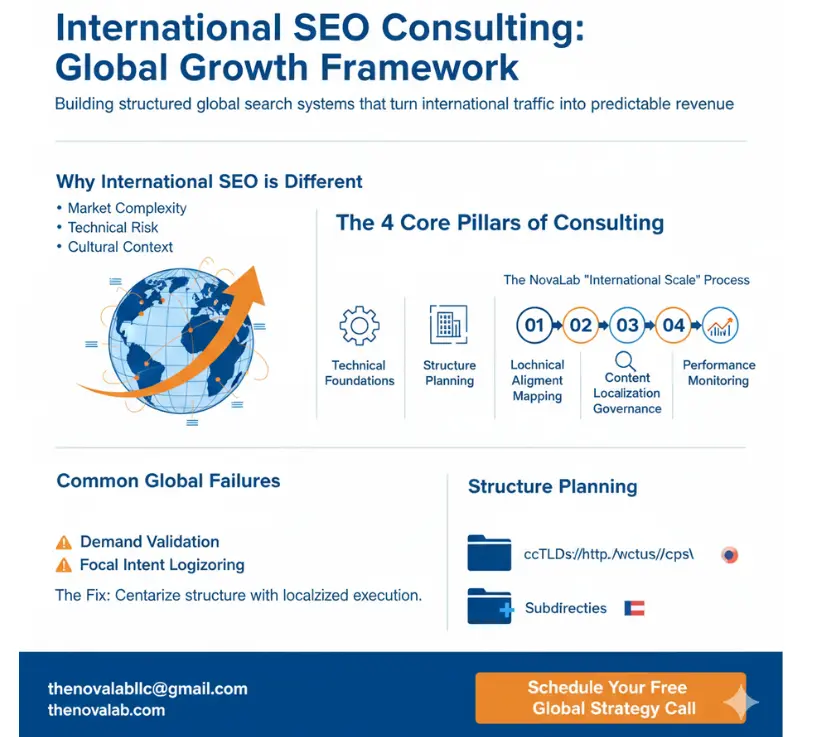 Novalab international SEO consulting global growth framework infographic showing technical foundations, structure planning, localization governance, and performance monitoring to drive predictable revenue and income