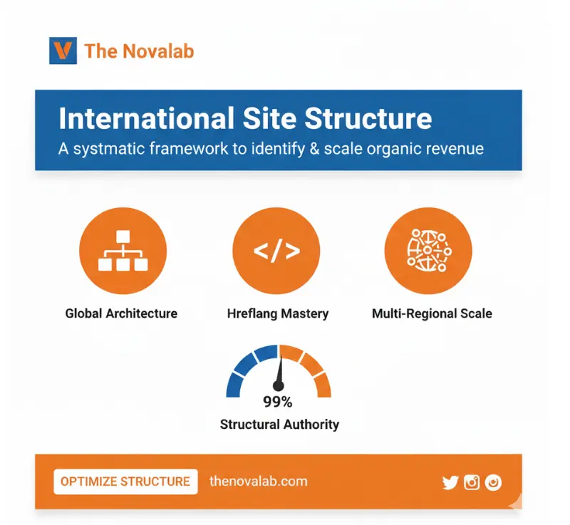 The Novalab “International Site Structure” infographic highlighting global architecture, hreflang mastery, multi-regional scale, and a 99% structural authority score, with an “Optimize Structure” call-to-action.