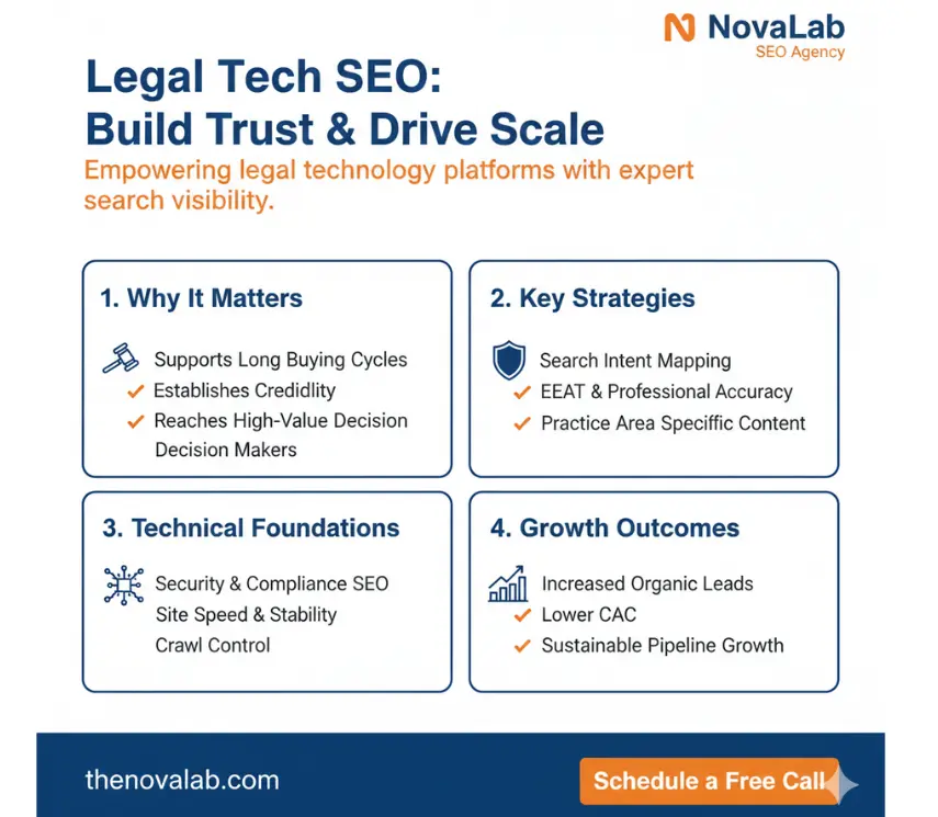 Legal tech SEO growth infographic by NovaLab focused on credibility, compliance, and scalable organic pipeline growth