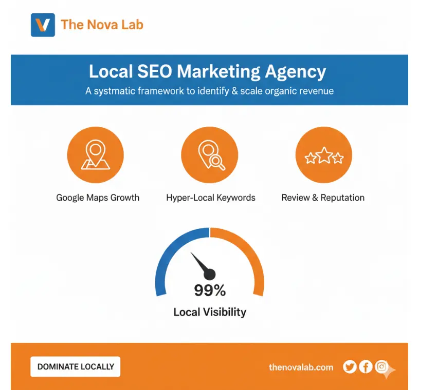 The Nova Lab “Local SEO Marketing Agency” infographic highlighting Google Maps growth, hyper-local keywords, review & reputation, and a 99% local visibility score, with a “Dominate Locally” call-to-action.