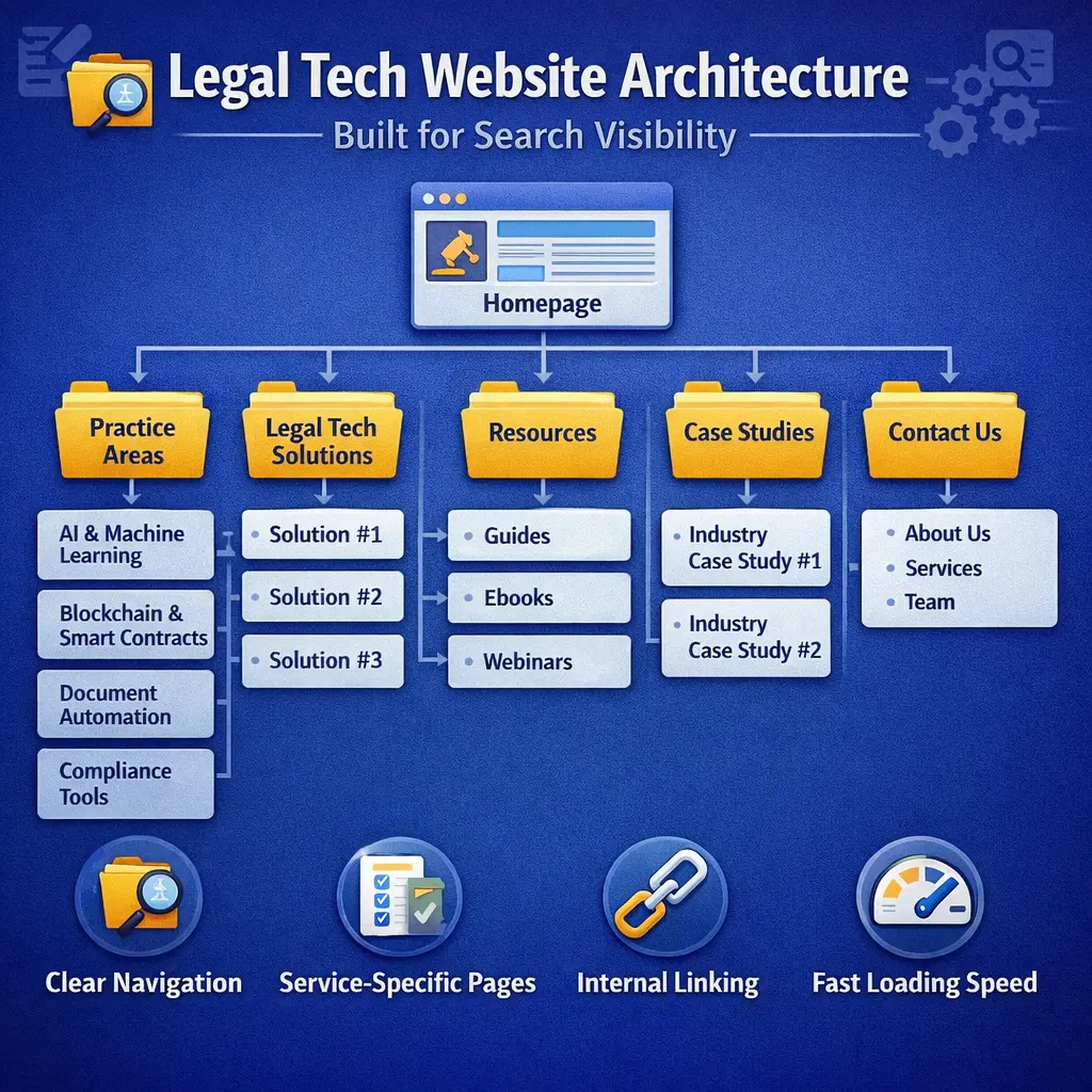 Novalab legal tech website architecture diagram for search visibility, showing homepage sections, resources, case studies, and internal linking.