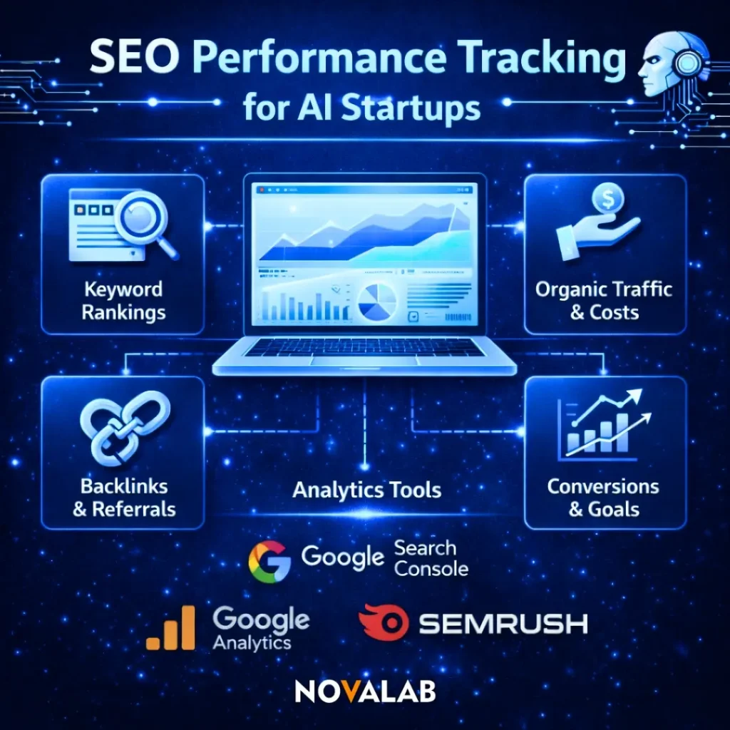 Novalab SEO performance tracking for AI startups, tracking keyword rankings, backlinks, organic traffic, and conversions using analytics tools.