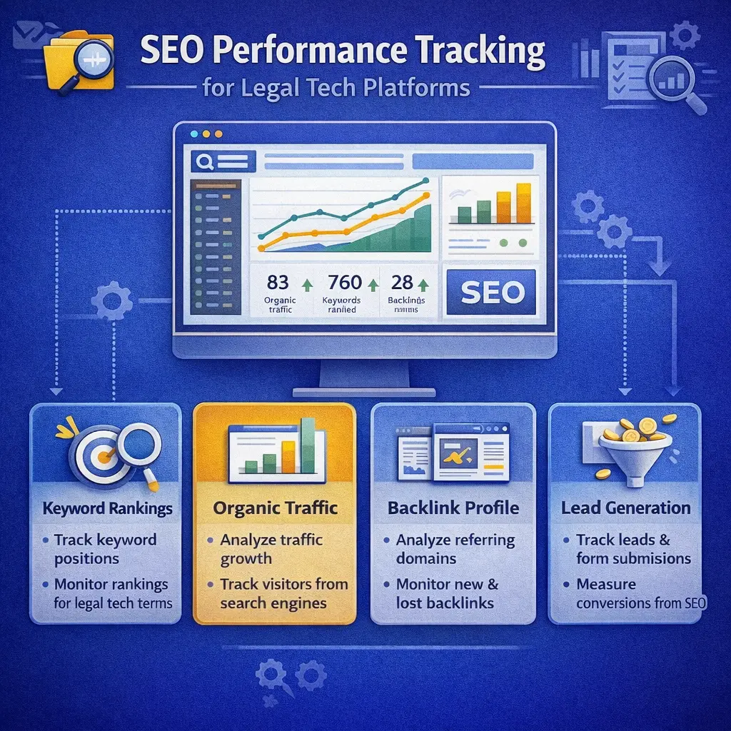 Novalab SEO performance tracking for legal tech platforms, covering keyword rankings, organic traffic, backlink profile, and lead generation.