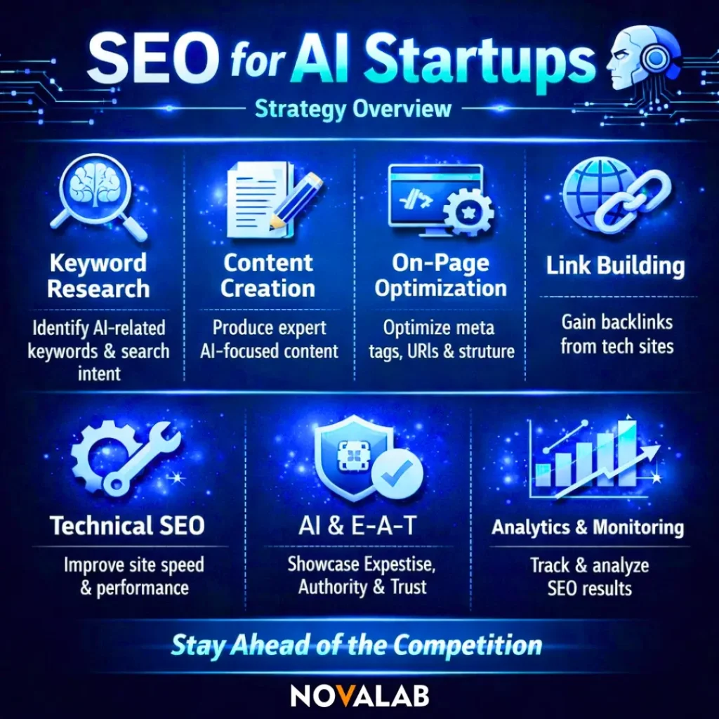 Novalab SEO strategy for AI startups covering keyword research, content creation, on-page optimization, link building, technical SEO, E-E-A-T, and analytics.