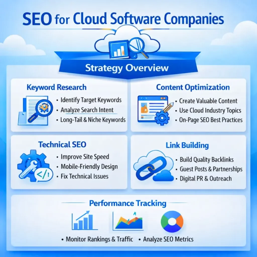 Novalab strategy graphic for SEO for cloud software companies: keyword research, content optimization, technical SEO, link building, and performance tracking.