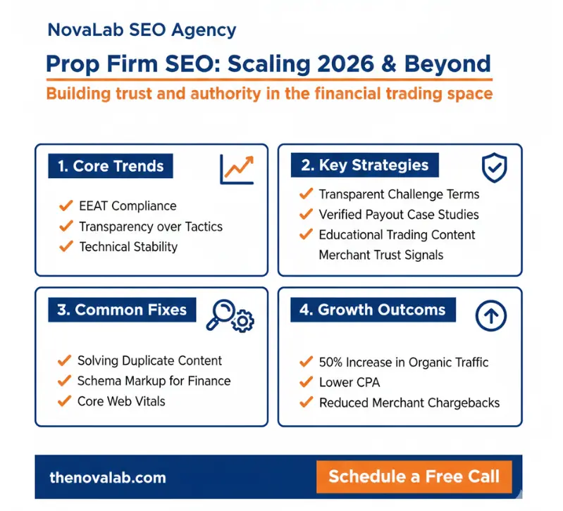 Prop firm SEO growth infographic by NovaLab focused on trust, transparency, and increased organic traffic.