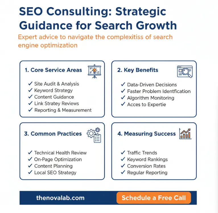 Search growth consulting framework covering site audit, content strategy, rankings, and conversions – Novalab.