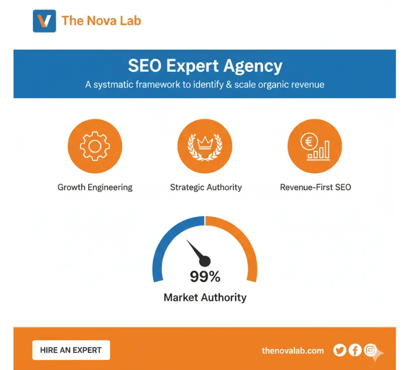 The Nova Lab “SEO Expert Agency” infographic highlighting growth engineering, strategic authority, revenue-first SEO, and a 99% market authority score, with a “Hire an Expert” call-to-action.