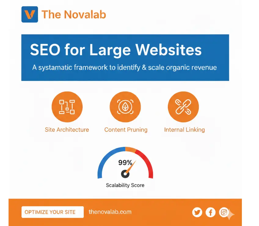 The Novalab “SEO for Large Websites” infographic highlighting site architecture, content pruning, internal linking, and a 99% scalability score, with an “Optimize Your Site” call-to-action.