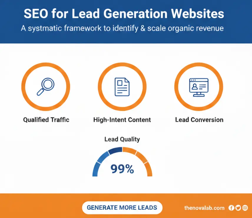 Lead generation SEO framework infographic by NovaLab for increasing qualified traffic, conversions, and lead quality
