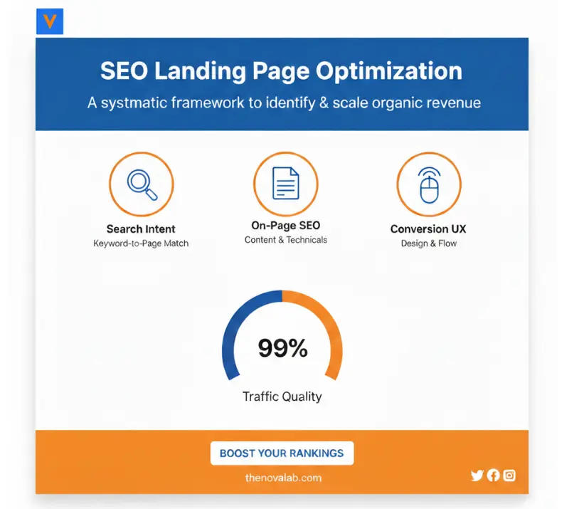 NovaLab SEO landing page optimization infographic showing search intent matching, on-page SEO content and technicals, conversion UX design, and improved traffic quality