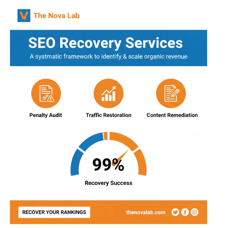 Novalab SEO Recovery Services banner featuring penalty audit, traffic restoration, and content remediation to recover rankings and drive organic growth