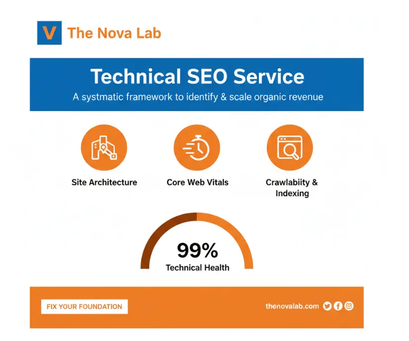 Novalab technical SEO service graphic showing site architecture, Core Web Vitals, and crawlability & indexing to improve technical health and organic growth