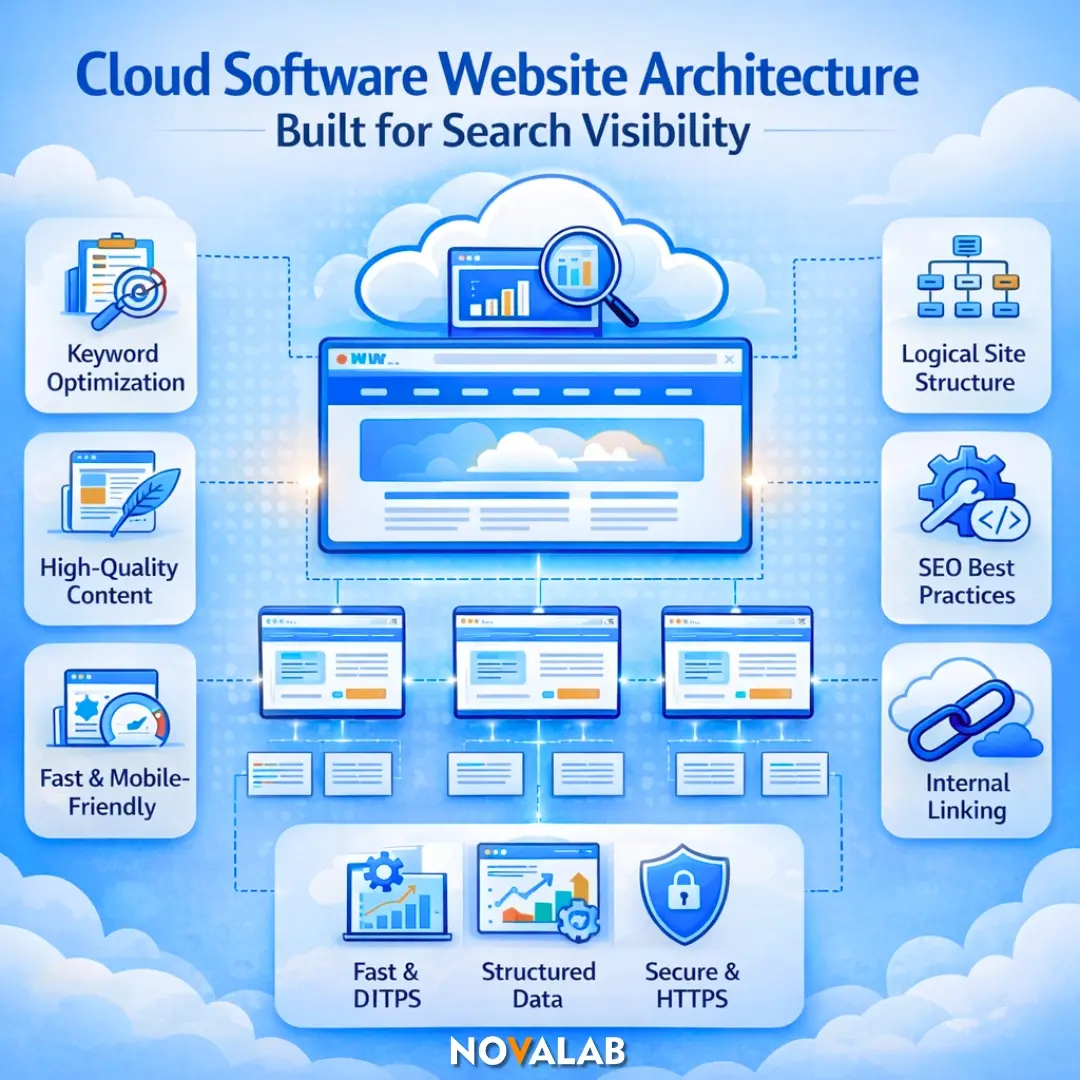 Novalab SEO agency graphic showing a cloud website architecture for better search visibility with site structure, internal links, and HTTPS.